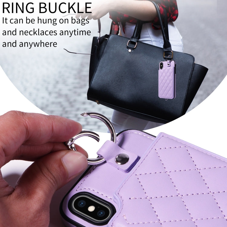 For iPhone XS Max Rhombic Texture Card Bag Phone Case with Short Lanyard