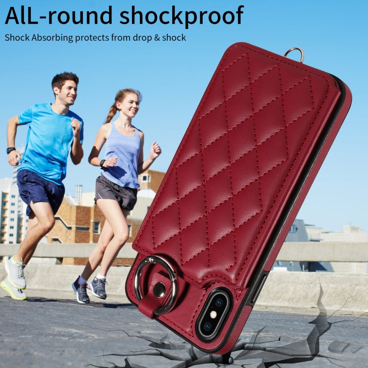 For iPhone XS Max Rhombic Texture Card Bag Phone Case with Short Lanyard