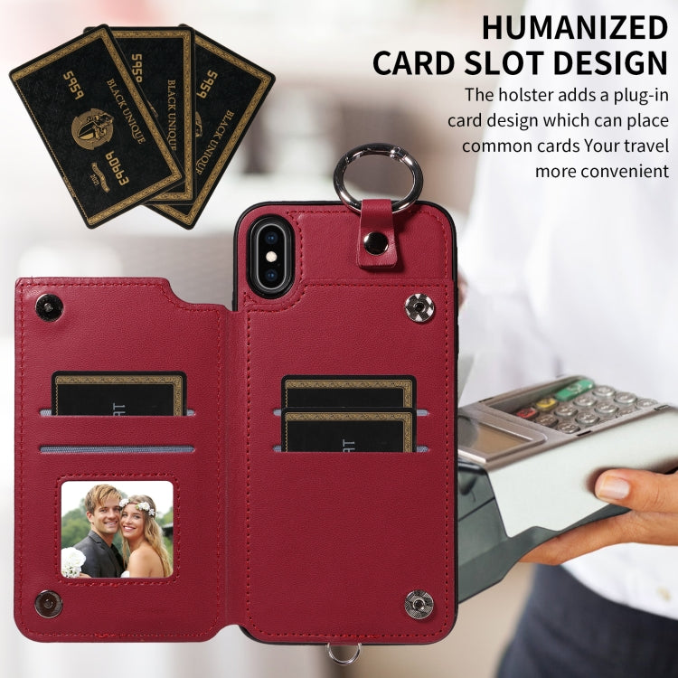 For iPhone XS Max Rhombic Texture Card Bag Phone Case with Short Lanyard