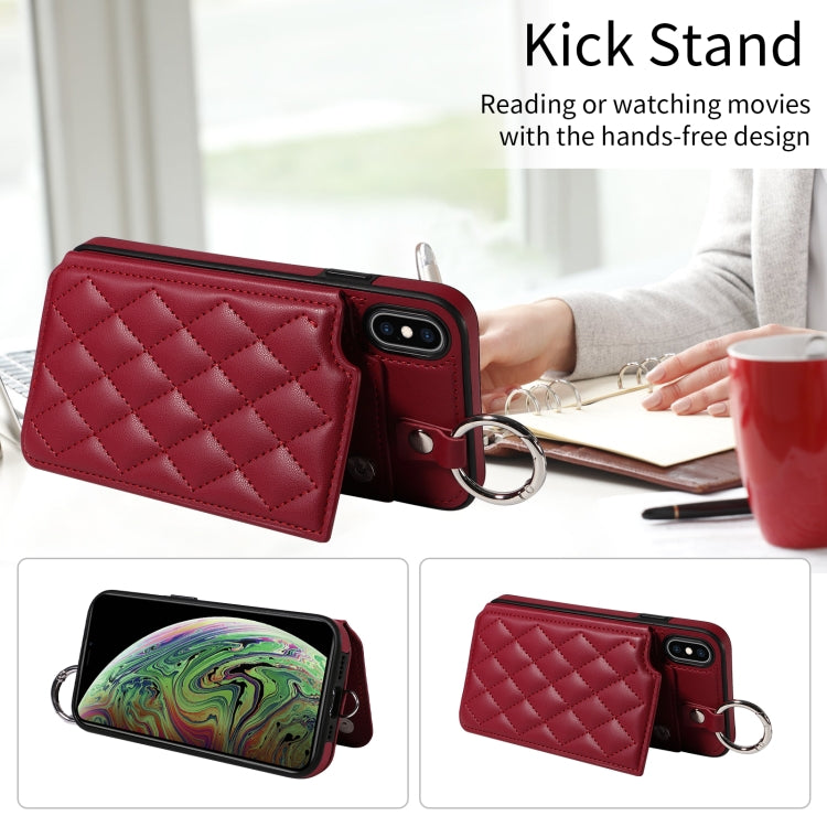 For iPhone XS Max Rhombic Texture Card Bag Phone Case with Short Lanyard