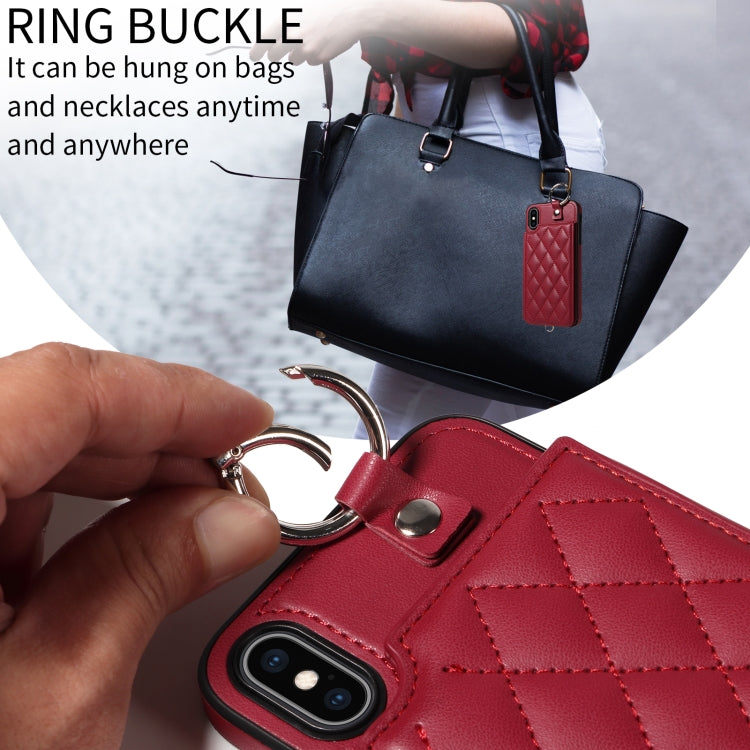 For iPhone XS Max Rhombic Texture Card Bag Phone Case with Short Lanyard
