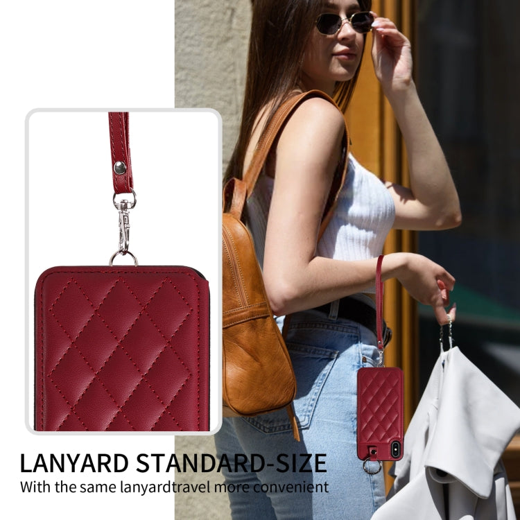 For iPhone XS Max Rhombic Texture Card Bag Phone Case with Short Lanyard