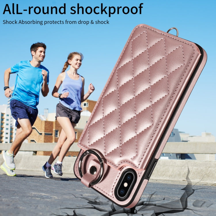 For iPhone XS Max Rhombic Texture Card Bag Phone Case with Short Lanyard