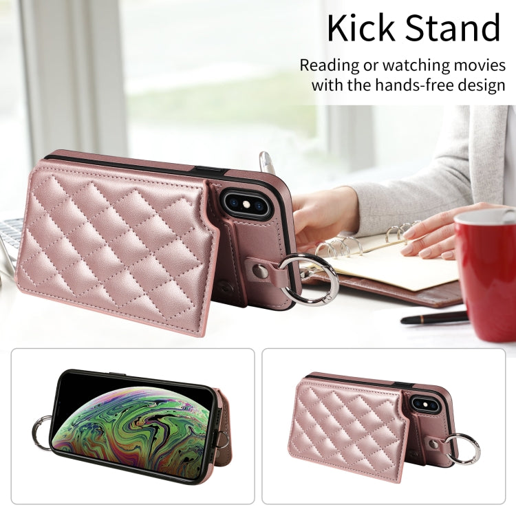 For iPhone XS Max Rhombic Texture Card Bag Phone Case with Short Lanyard