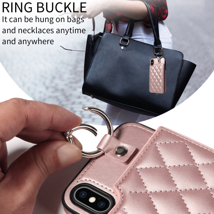 For iPhone XS Max Rhombic Texture Card Bag Phone Case with Short Lanyard