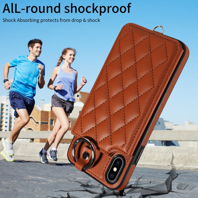 For iPhone XS Max Rhombic Texture Card Bag Phone Case with Short Lanyard