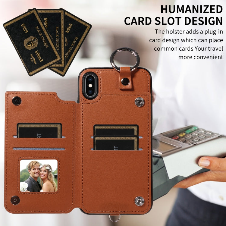 For iPhone XS Max Rhombic Texture Card Bag Phone Case with Short Lanyard