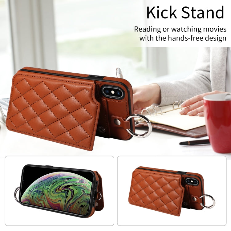 For iPhone XS Max Rhombic Texture Card Bag Phone Case with Short Lanyard