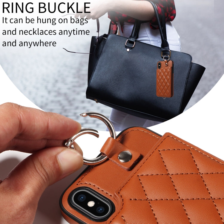 For iPhone XS Max Rhombic Texture Card Bag Phone Case with Short Lanyard
