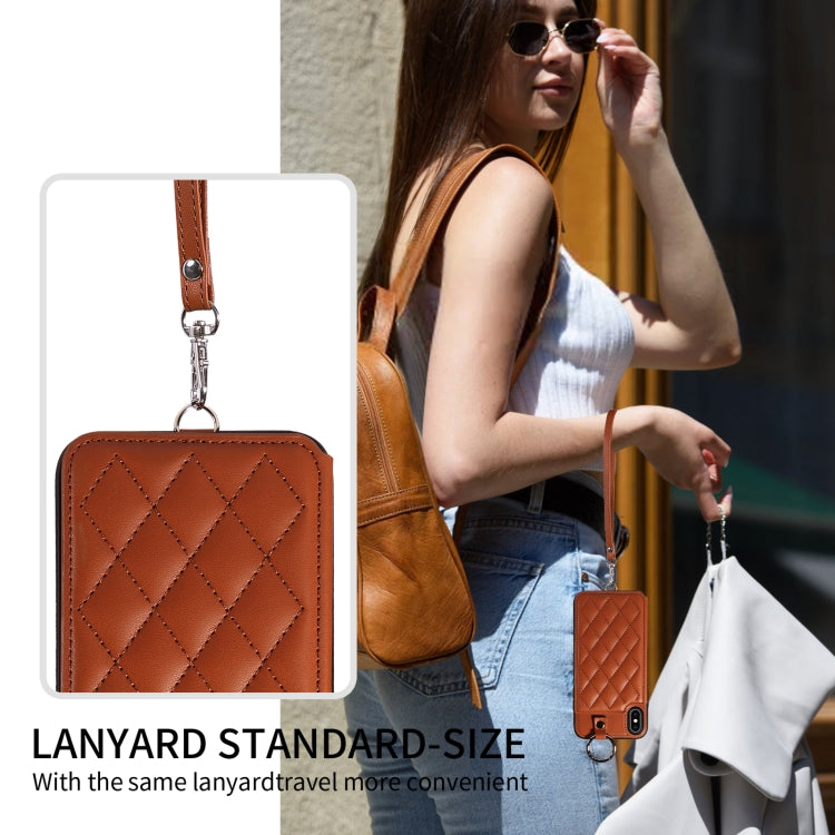 For iPhone XS Max Rhombic Texture Card Bag Phone Case with Short Lanyard