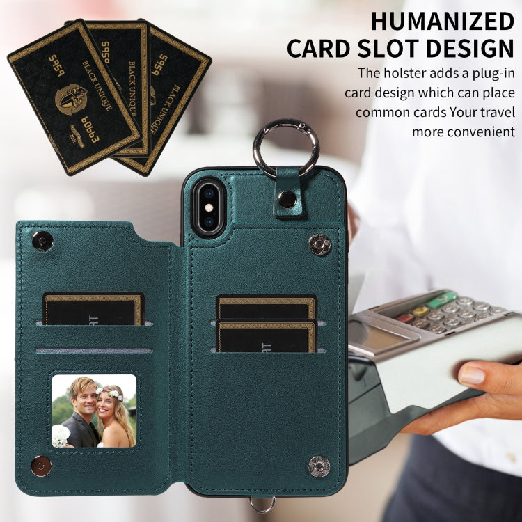 For iPhone XS Max Rhombic Texture Card Bag Phone Case with Short Lanyard