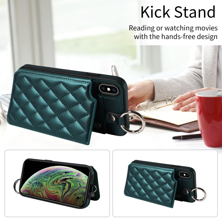 For iPhone XS Max Rhombic Texture Card Bag Phone Case with Short Lanyard