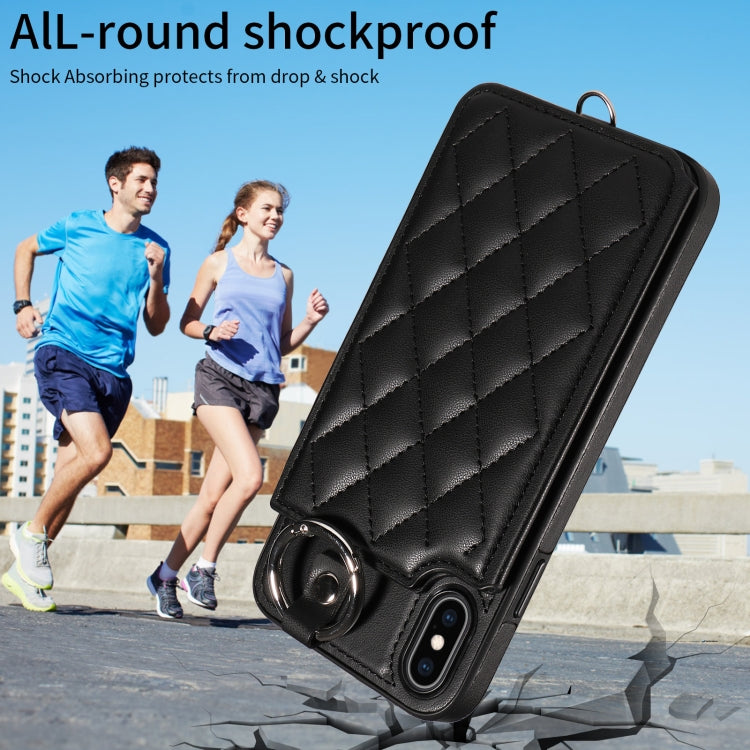 For iPhone XS Max Rhombic Texture Card Bag Phone Case with Short Lanyard