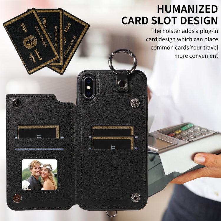 For iPhone XS Max Rhombic Texture Card Bag Phone Case with Short Lanyard
