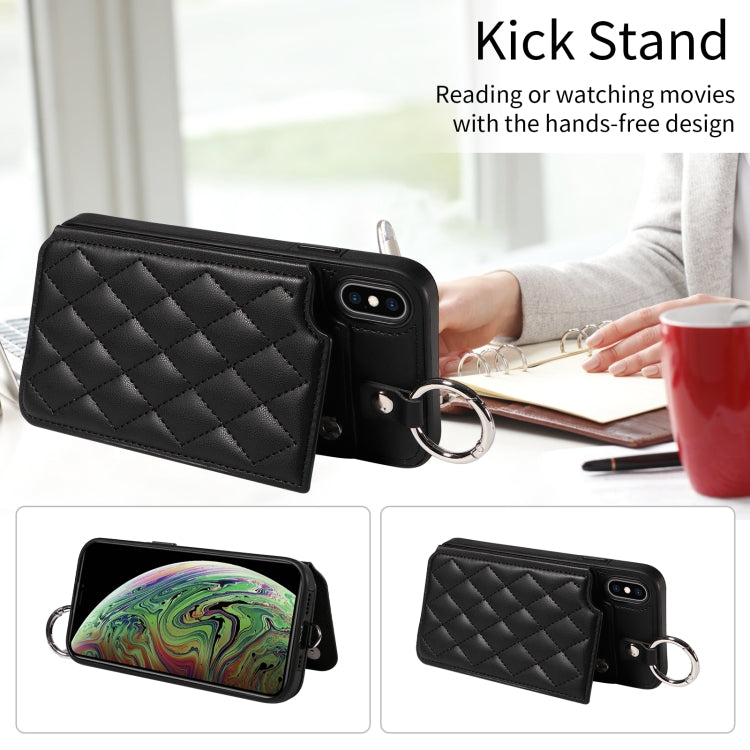 For iPhone XS Max Rhombic Texture Card Bag Phone Case with Short Lanyard