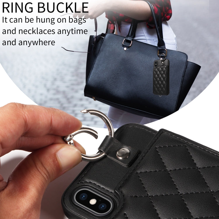 For iPhone XS Max Rhombic Texture Card Bag Phone Case with Short Lanyard