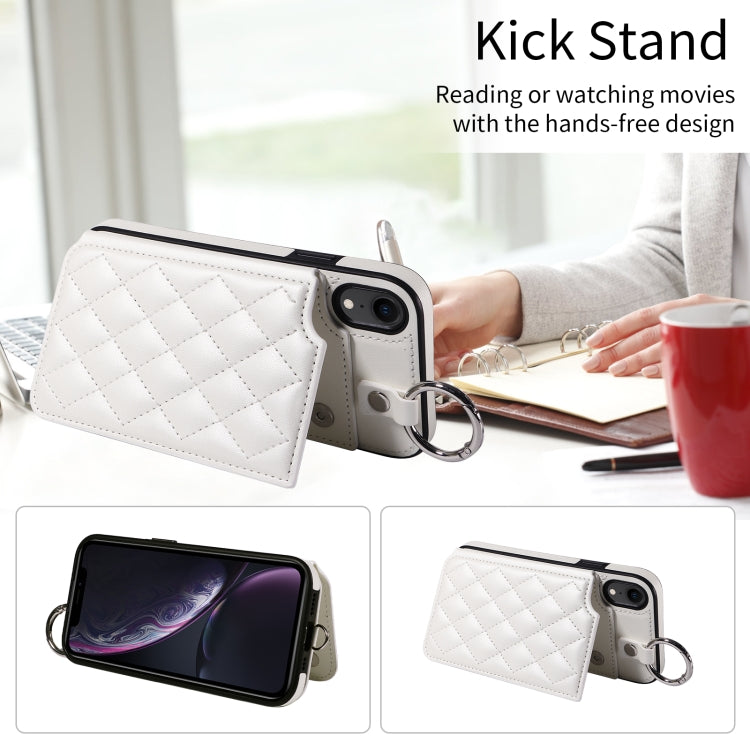 For iPhone XR Rhombic Texture Card Bag Phone Case with Short Lanyard