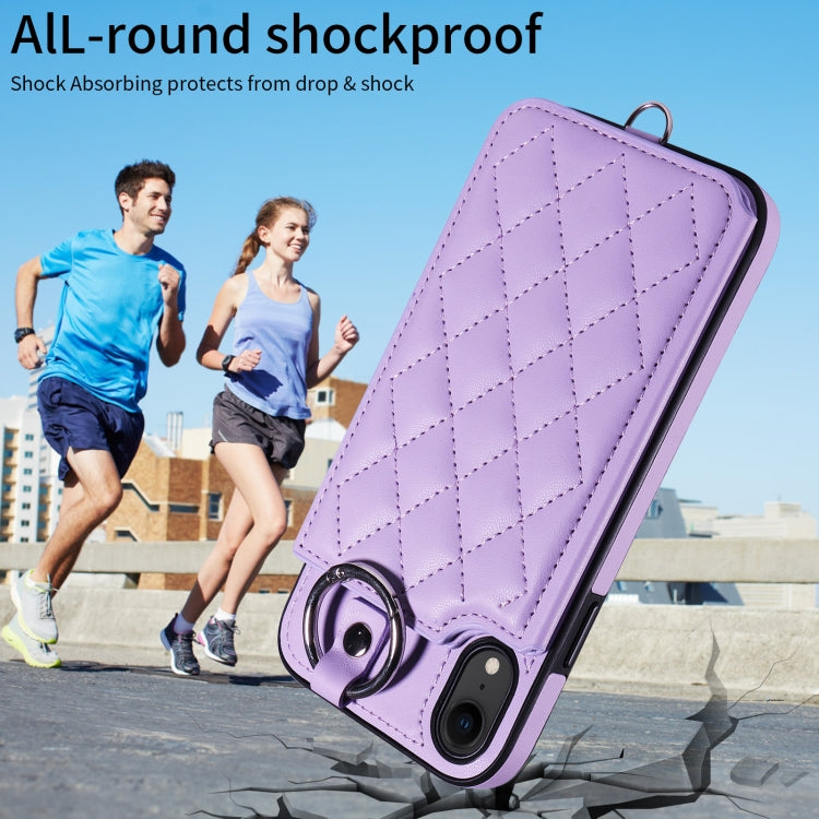 For iPhone XR Rhombic Texture Card Bag Phone Case with Short Lanyard