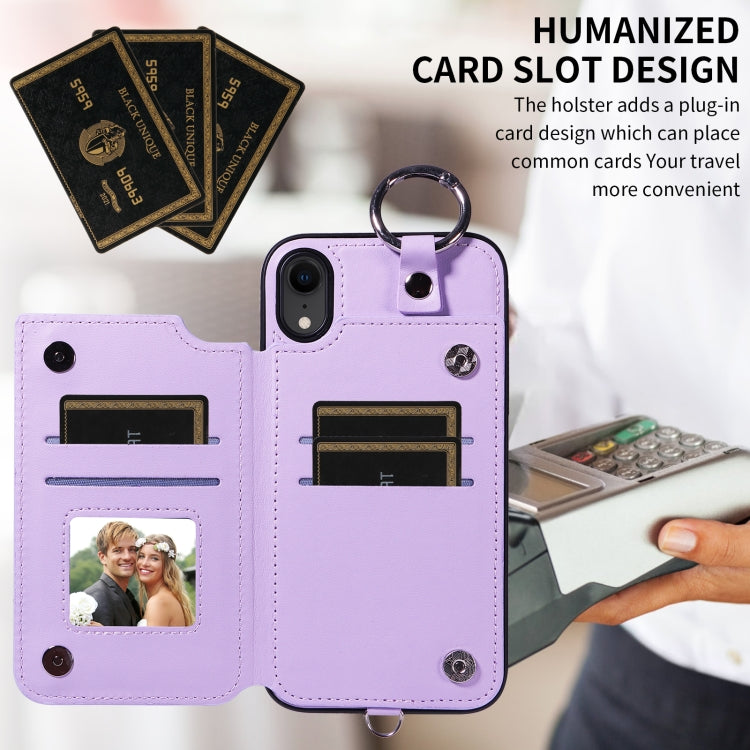 For iPhone XR Rhombic Texture Card Bag Phone Case with Short Lanyard