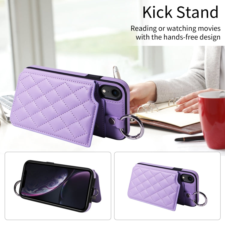 For iPhone XR Rhombic Texture Card Bag Phone Case with Short Lanyard