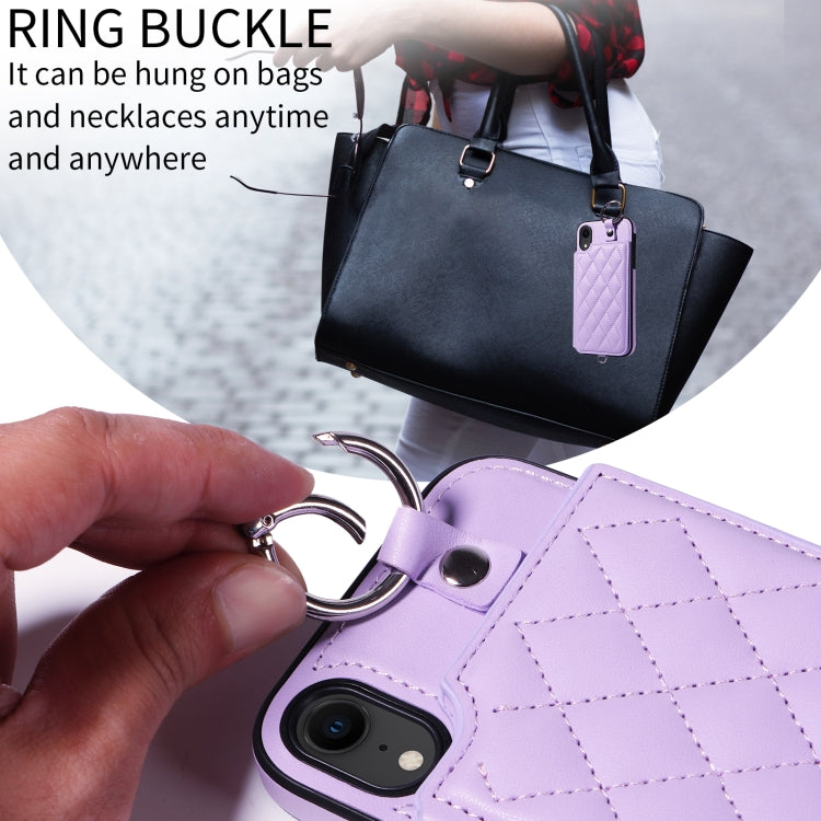 For iPhone XR Rhombic Texture Card Bag Phone Case with Short Lanyard