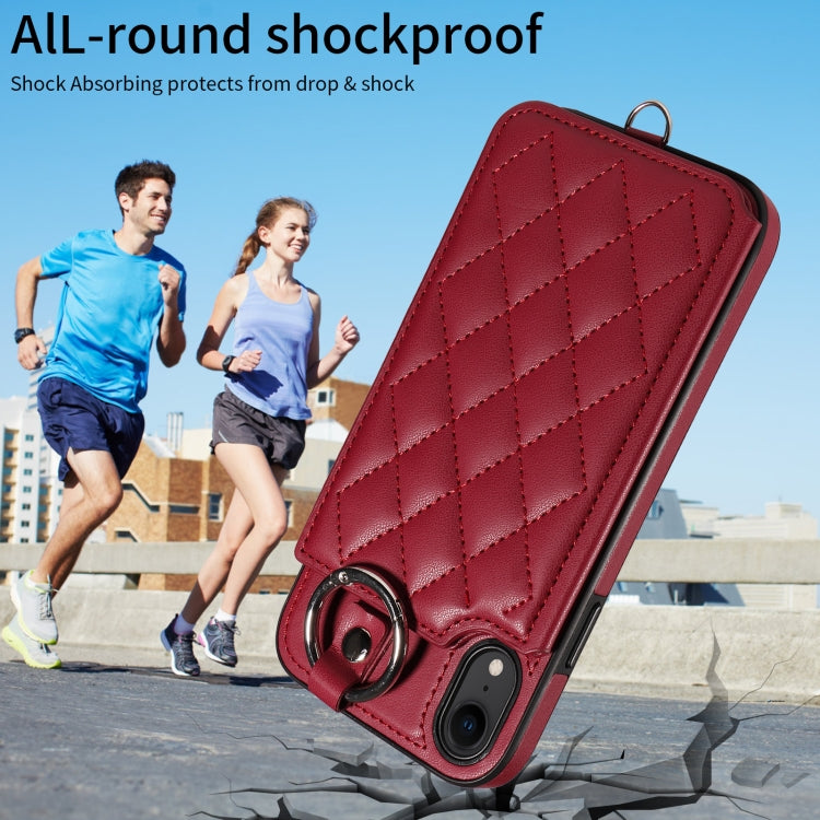 For iPhone XR Rhombic Texture Card Bag Phone Case with Short Lanyard