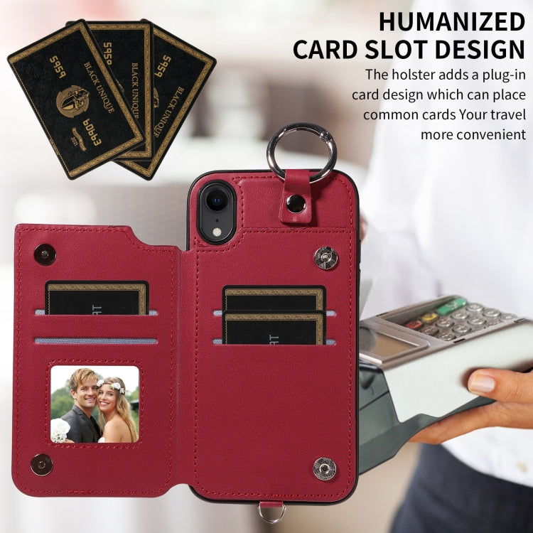 For iPhone XR Rhombic Texture Card Bag Phone Case with Short Lanyard