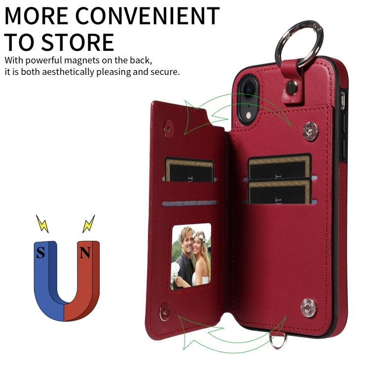For iPhone XR Rhombic Texture Card Bag Phone Case with Short Lanyard