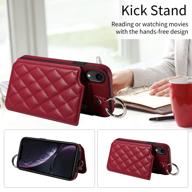 For iPhone XR Rhombic Texture Card Bag Phone Case with Short Lanyard
