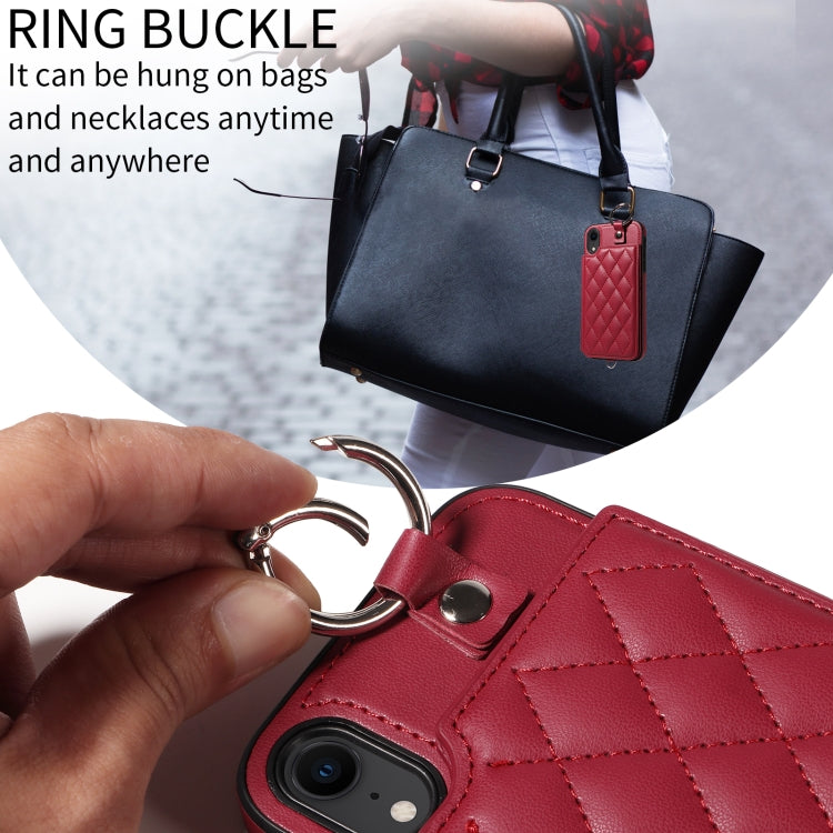 For iPhone XR Rhombic Texture Card Bag Phone Case with Short Lanyard