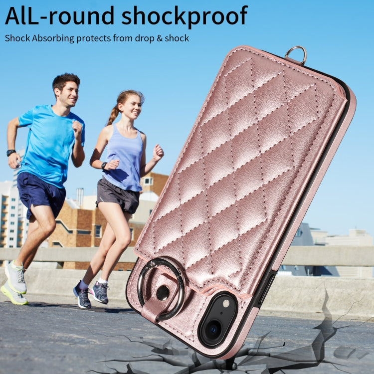 For iPhone XR Rhombic Texture Card Bag Phone Case with Short Lanyard