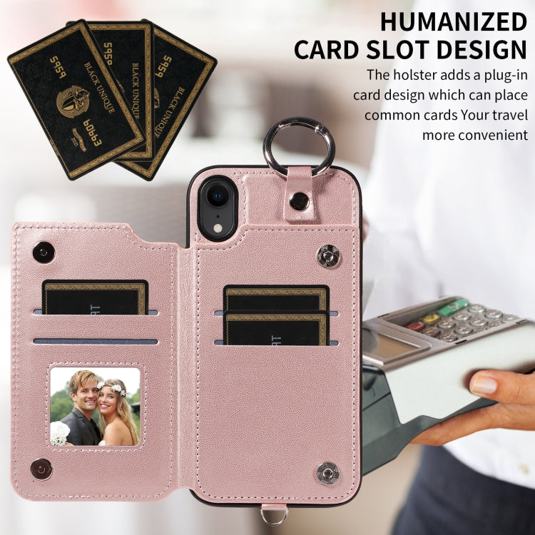 For iPhone XR Rhombic Texture Card Bag Phone Case with Short Lanyard