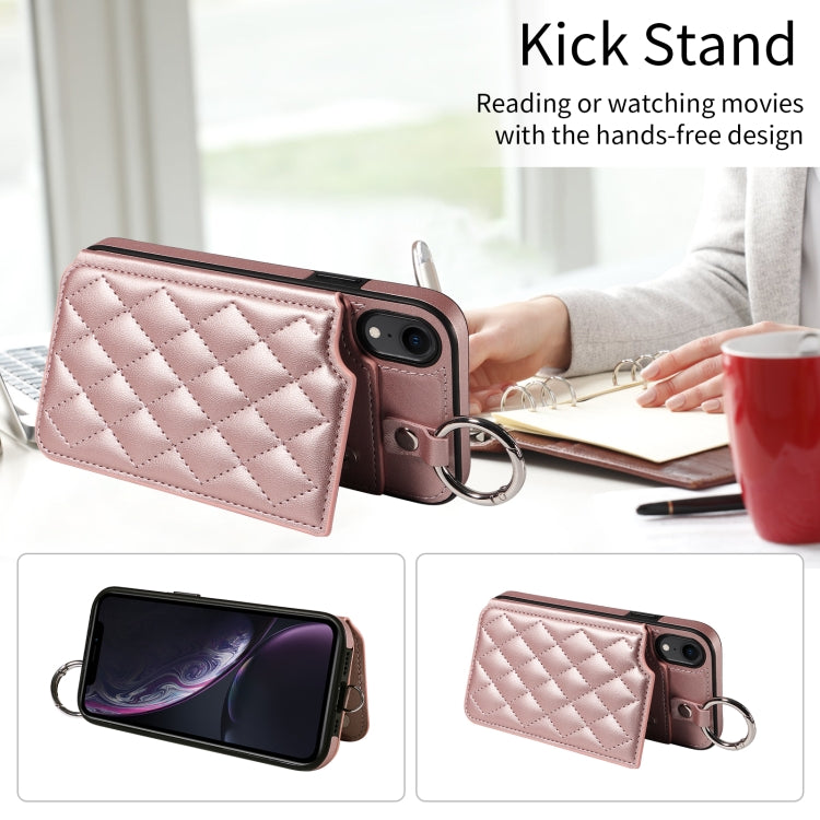 For iPhone XR Rhombic Texture Card Bag Phone Case with Short Lanyard