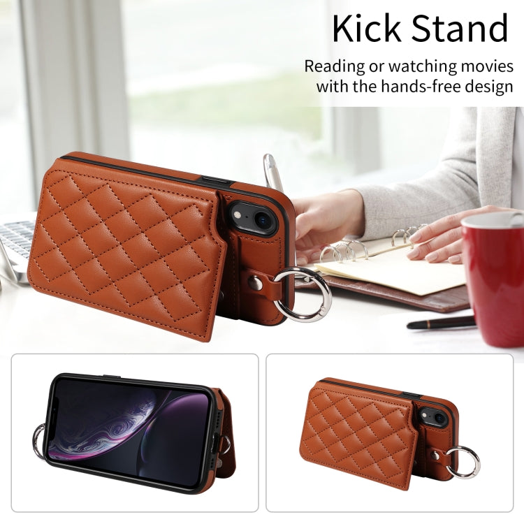 For iPhone XR Rhombic Texture Card Bag Phone Case with Short Lanyard