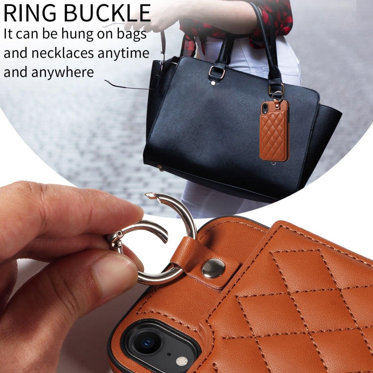 For iPhone XR Rhombic Texture Card Bag Phone Case with Short Lanyard
