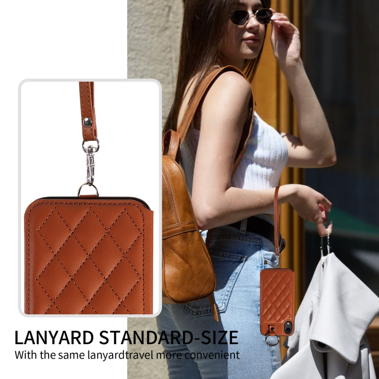 For iPhone XR Rhombic Texture Card Bag Phone Case with Short Lanyard