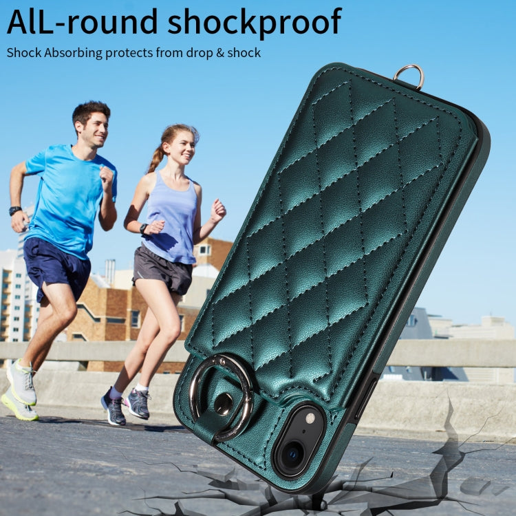 For iPhone XR Rhombic Texture Card Bag Phone Case with Short Lanyard