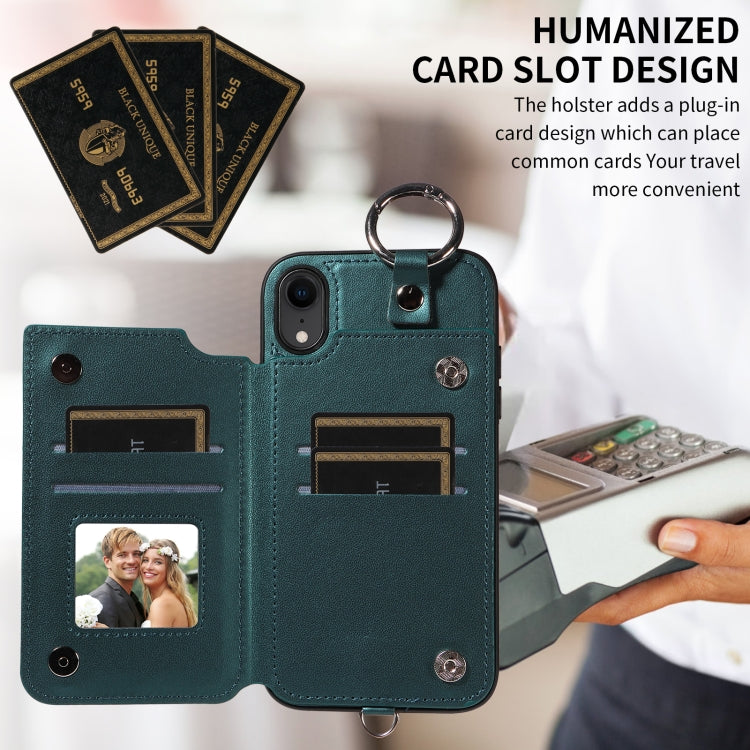For iPhone XR Rhombic Texture Card Bag Phone Case with Short Lanyard