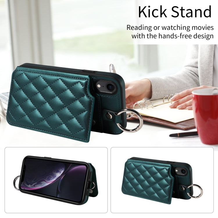 For iPhone XR Rhombic Texture Card Bag Phone Case with Short Lanyard
