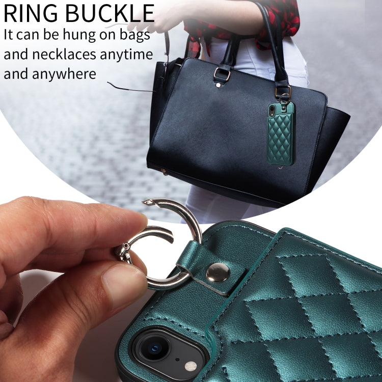 For iPhone XR Rhombic Texture Card Bag Phone Case with Short Lanyard