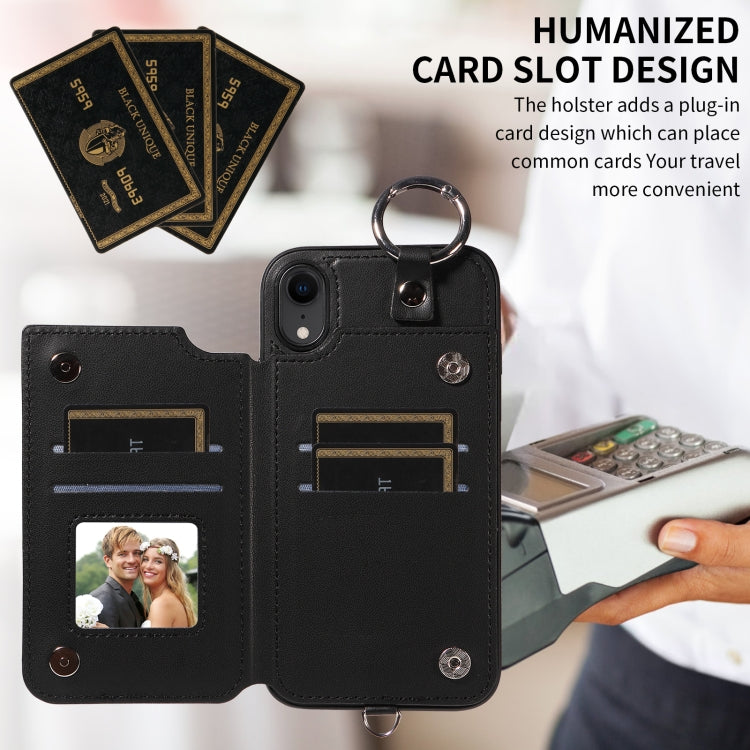 For iPhone XR Rhombic Texture Card Bag Phone Case with Short Lanyard