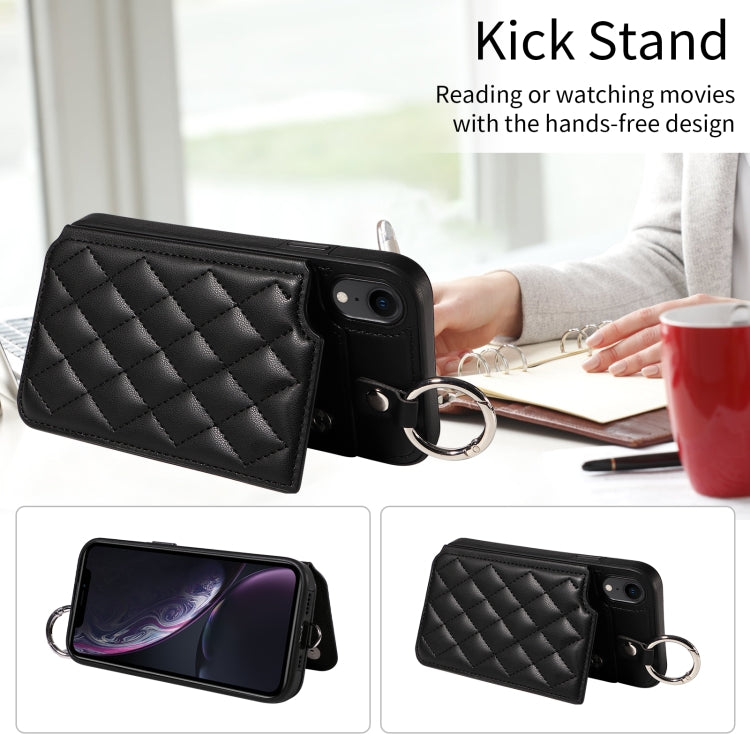 For iPhone XR Rhombic Texture Card Bag Phone Case with Short Lanyard