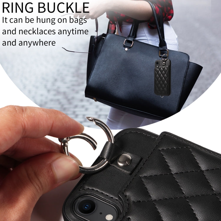 For iPhone XR Rhombic Texture Card Bag Phone Case with Short Lanyard