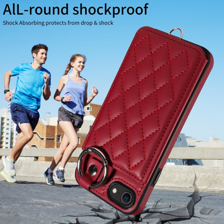 For iPhone SE 2022 / 2020 / 8 / 7 Rhombic Texture Card Bag Phone Case with Short Lanyard