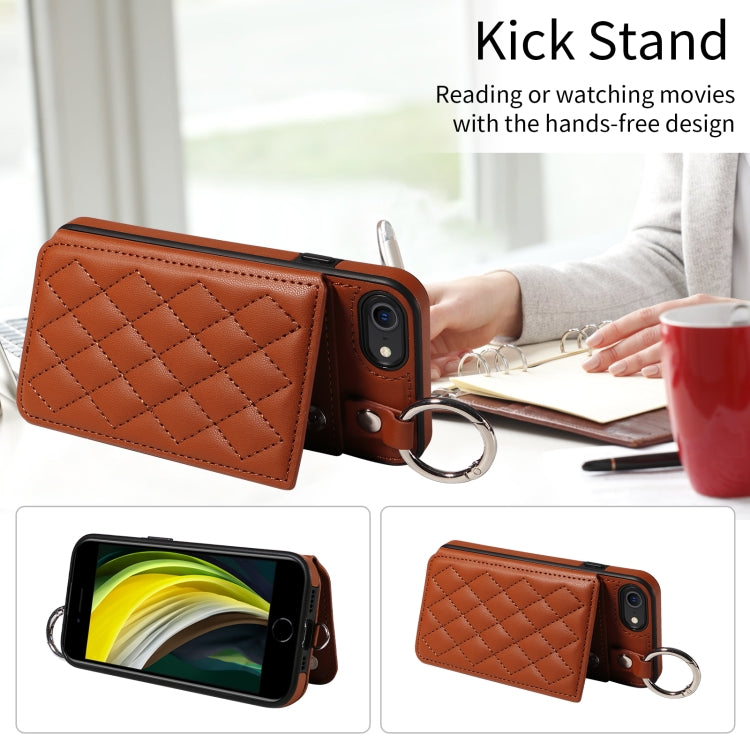 For iPhone SE 2022 / 2020 / 8 / 7 Rhombic Texture Card Bag Phone Case with Short Lanyard