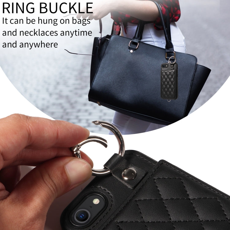 For iPhone SE 2022 / 2020 / 8 / 7 Rhombic Texture Card Bag Phone Case with Short Lanyard
