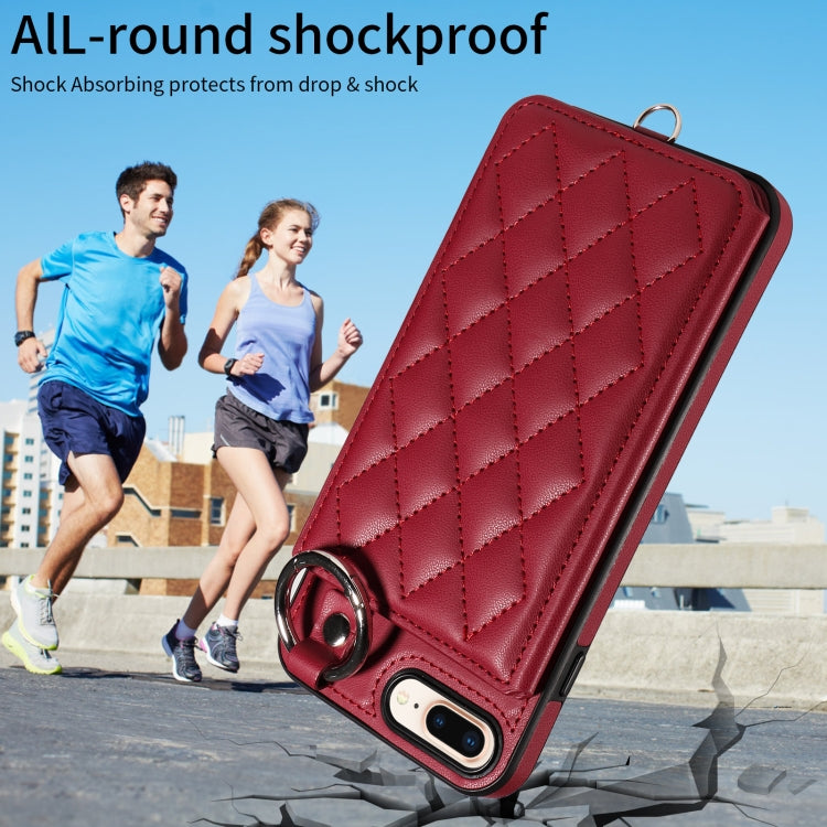 For iPhone 8 Plus / 7 Plus Rhombic Texture Card Bag Phone Case with Short Lanyard