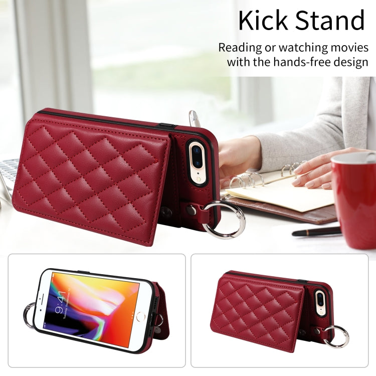 For iPhone 8 Plus / 7 Plus Rhombic Texture Card Bag Phone Case with Short Lanyard