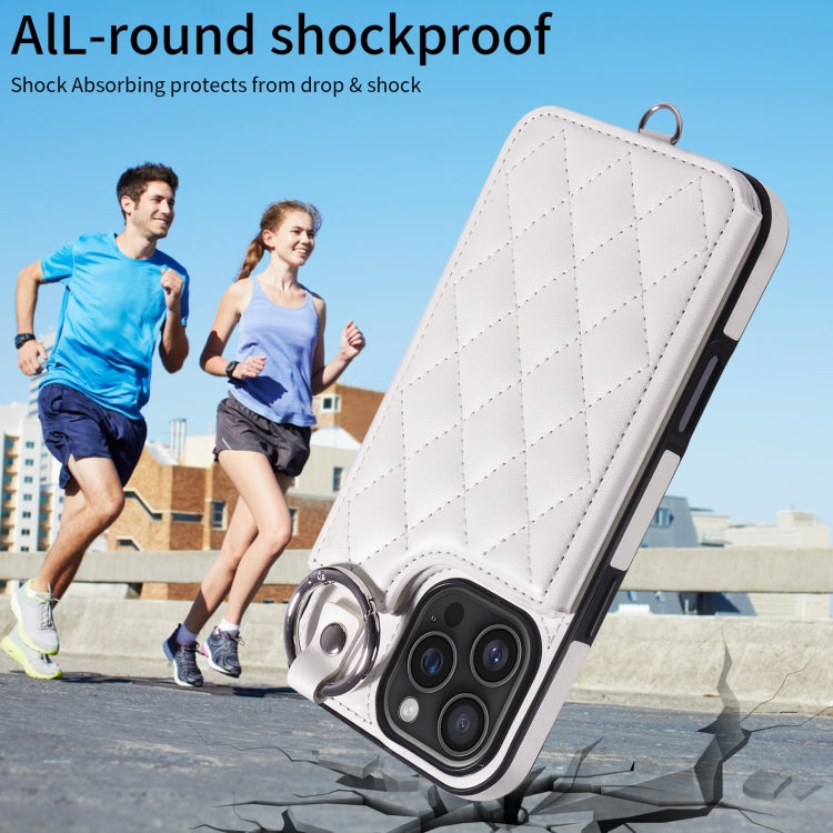 For iPhone 16 Pro Max Rhombic Texture Card Bag Phone Case with Short Lanyard