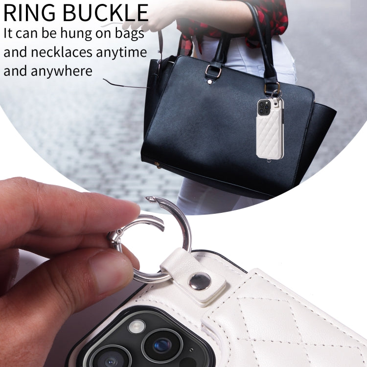 For iPhone 16 Pro Max Rhombic Texture Card Bag Phone Case with Short Lanyard